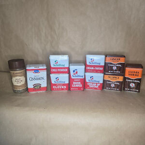 Vintage Spice Tin Lot Schilling Crown Colony Farmhouse Kitchen Decor (10pc)